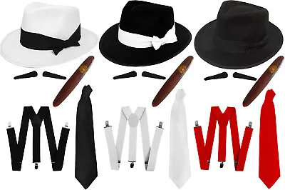 £14.99 • Buy Dlx Gangster Hat Braces Tie Spiv Tash Cigar 5 1920's Fancy Dress 55cm 58cm 60cm