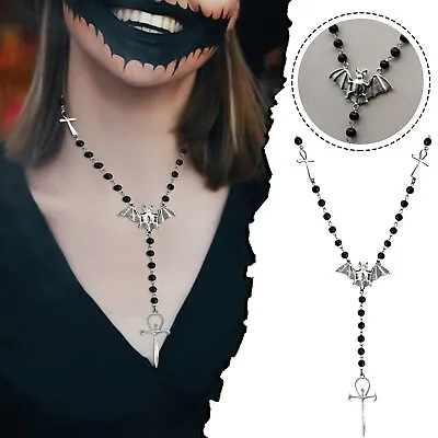 Bat Necklace Black Long Rosary Beaded Ancient Necklace For Women • £1.19