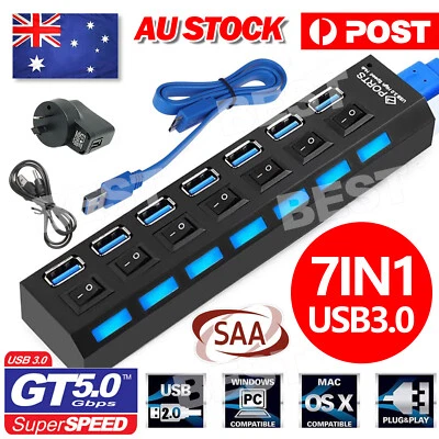 $18.85 • Buy 7 Port USB 3.0 HUB Powered +High Speed Splitter Extender PC Cable AU Stock