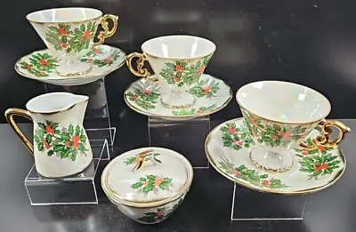 9 Pc Ucagco Flower Of The Month December Holly Vintage Lustreware Dishes MCM Lot • $79.67