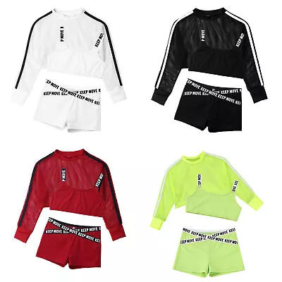 Girl Street Dance Letter Printed Jazz Hip Hop Outfits Kids Mesh Crop Tops Shorts • £5.23