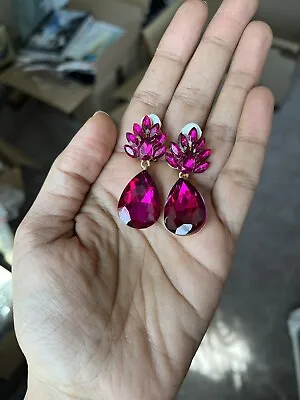 1.8” Clip On Long Pink Fuchsia Dangle Drop Pageant Rhinestone Crystal Earrings • $14.50