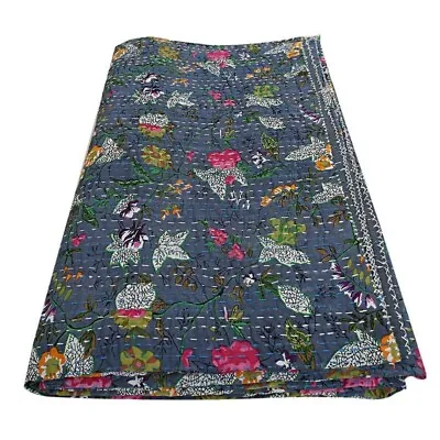 Indian Kantha Grey Quilt Handmade Blanket King Size Bedspread Bedding Throw • £59.99