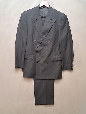 Hart Schaffner Marx Mens Double Breasted Suit 42R Gray Pinstripe Vintage 33x30 • $79.99