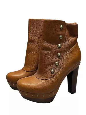 UGG Cosima Brown Leather Sheepskin Studded Chunky Heel Ankle Boots Booties Sz 8 • $139