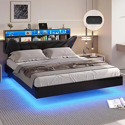 Floating Bed Frame With Led Lights Upholstered Platform Hidden Storage Headboard • $249.99