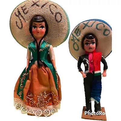 Vintage Pair Of Mexican Souvenir Dolls On Stands - Paper Mache & Plastic • $8