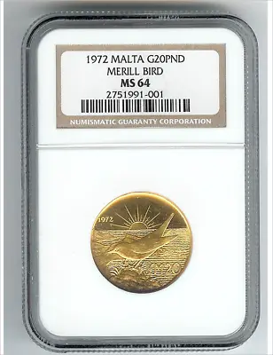 Malta 1972 Gold 20 Pounds NGC MS 64 Meril Bird • $1450