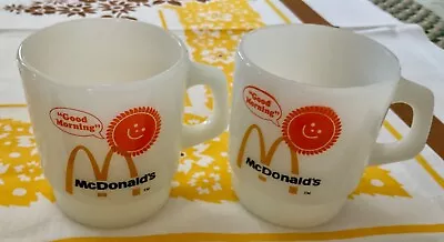 Vtg  Anchor Hocking Fire King 2-mc Donald's Mugs Orange Gold Logo On White Usa • $14