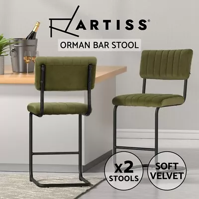 Artiss 2x Bar Stools Kithen Dining Chairs Velvet Padded Stool Metal Green • $149.95