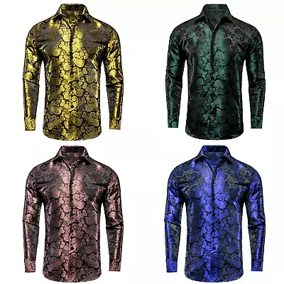 Long Sleeve Button Down Men Shirts Casual Silk Paisley Blue Black Dress Shirt • $29.99