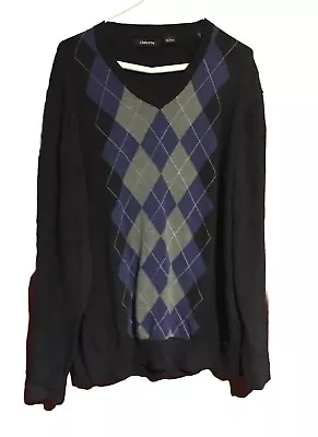Claiborne Mens V-Neck Pullover Diamond Print Knit Sweater Large Black Blue Gray • $11.90