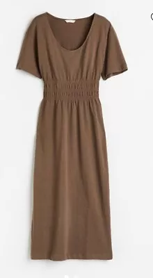 Ladies H&M Smocked-Waist Jersey Cotton Dress Brown Size Large • £14