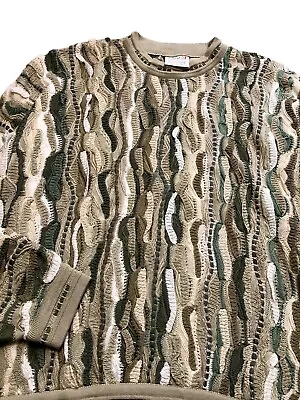 Vintage 90s Coogi Australia Sweater Green Neutral Cotton 3D Knit Large L • $349.99