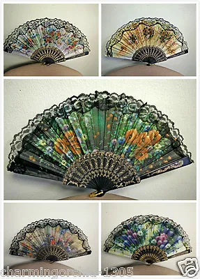 Spanish Style Flora / Oriental Dance Party Wedding Silk Folding Hand Fan Lace • $6.99