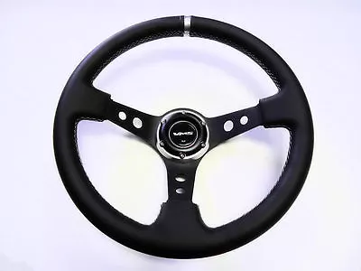 350mm Vms Racing Deep Dish Steering Wheel Black Leather Silver Stitching 6 Bolt • $104.95