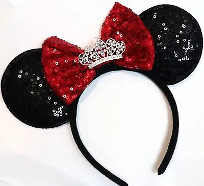 Minnie Mouse Ears Headband Shiny Black Glittery Red Bow Tiara Birthday HANDMADE • $11.99