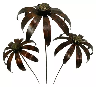 Metal Daisy Flower Garden Ornament Set Of 3 Echinacea On 100cm Stick - BRONZE • £29.99