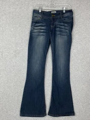 Mudd Jeans Womens 7 Blue Low Rise Flare Leg Stretch Flap Pocket Dark Wash Denim • $13.50
