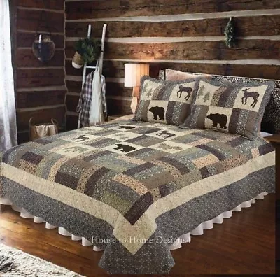 MOUNTAIN HIGHLANDS 3pc Full Queen QUILT SET : BLACK BEAR BUCK BROWN LODGE CABIN • $149.45