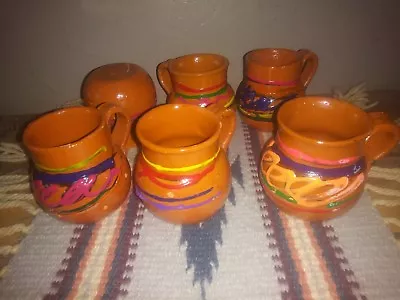 Made In Mexico Set Of Six Small Clay Pottery Coffee/chocolate Mugs • $19.99