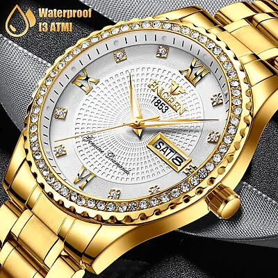 Waterproof Men's Gold Watch Classic Stainless Steel Quartz Business Wristwatch • $13.98