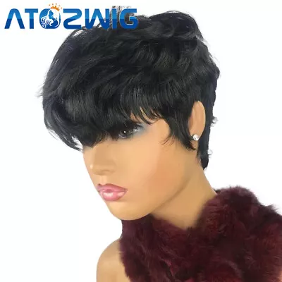 Black Human Hair Wig With Bangs Short Pixie Cut Wig No Lace For Women Daily Soft • $19.99