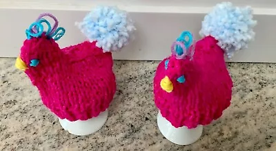 Boiled Egg Cosy Set Of 2  Hand Knitted - Funky Chickens Pink & Light Blue • £3