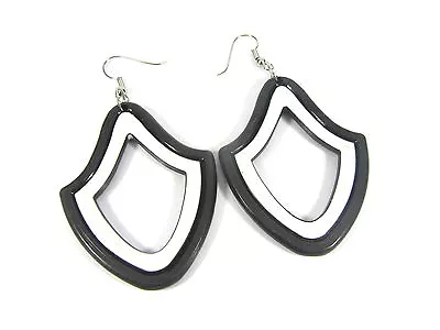 Drop Dangle Large Black & White Hoop Shape Retro Hoop 70's 80's Earrings • £4.14