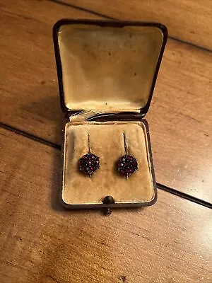 Antique Victorian Drop Earrings -Bohemian Garnets W 10K Bracket - Pierced Ears • $75