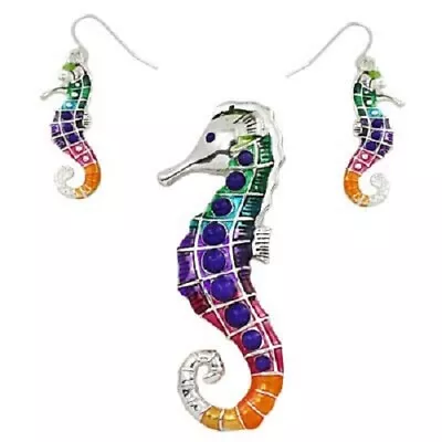 Sea Horse Pendant SET Necklace Earrings Seahorse Enamel Charm Beach Jewelry MULT • $12.99