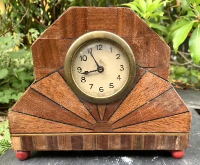 £10 • Buy Art Deco Clock Wooden Veneer Sun Burst Vintage Antique