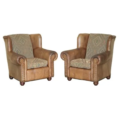 Pair Of Vintage Thomas Lloyd Brown Leather Kilim Armchairs From Scottish Castle • £650