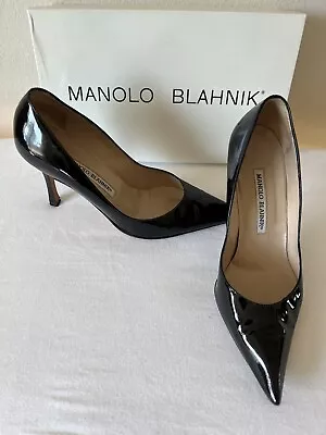 VINTAGE MANOLO BLAHNIK Black Patent Leather High Heels Pumps Sz 36 • $84.99