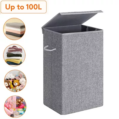 100L Large Laundry Basket With Lid Handle Washing Clothes Storage Bag Hamper Bin • £15.49