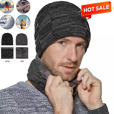 Men Hat And Scarf Snood Set Winter Beanie Hat Set Fleece Lining Warm Knitted Cap • £1.99