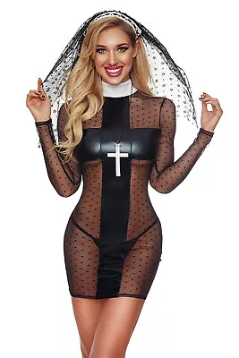 Naughty Nun Outfit Fantasy Costume Set With Leather Look And Mesh Panels • £34.95