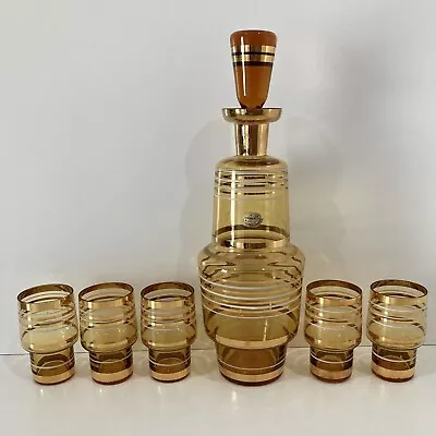 Vintage MCM Bohemia Glass Decanter Set Czech Amber Gold White Trim 5 Glasses EUC • $39