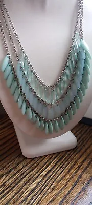 Bib Cluster Statement Necklace Mint Green Acrylic Tear Drop Silver Tone Layered • $12.87