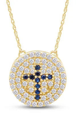 Natural Diamond & Simulated Blue Sapphire 14k Yellow Gold Cross Disc Pendant 18  • $1051.99