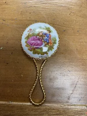 Vintage LIMOGES PORCELAIN Hand Held Mirror A Victorian Couple Sitting Outdoors • $19.50