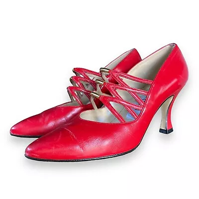 Vntg Proxy Pointy Toe Strappy Pumps Shoes Sz 6 Red Leather Cone Heel Spain • $32