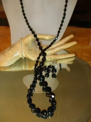934  Estate Faceted Black Glass Bead Necklace Earrings Mourning Jewelry 28  • $1.99