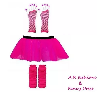 Ladies Neon Pink 3pc Set 1980s Retro Fancy Dress Race For Life Hen Party Costume • £8.99