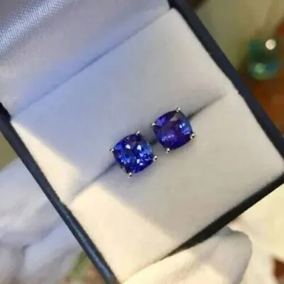 Cushion Tanzanite Diamond Women's Push Back Stud Earrings 14K White Gold Finish • $69.99