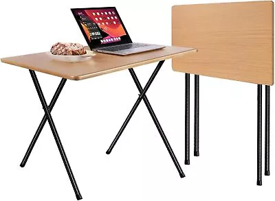 Natural Dinner Durable Foldable Side Desk With Wooden Top And Metal Frame • $56.99