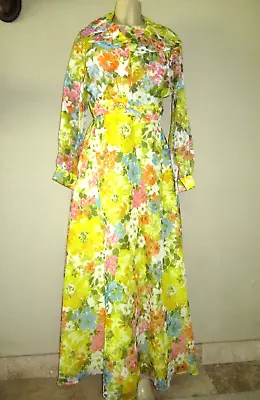 1960s 1970s Vintage Floral Chiffon Maxi Dress With Jacket Set Size L Yellow Mult • $69.99