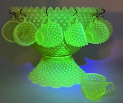 14 Pc Fenton Vaseline Opalescent Hobnail Punch Bowl Set Uranium Glass Cups Hooks • $2175