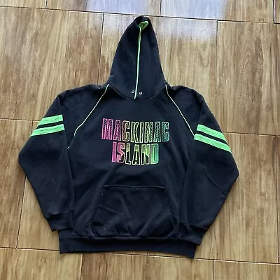 Vintage Mackinac Island Hoodie Sweatshirt Mens Medium Black Neon 80's Michigan • $18.12