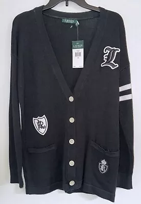 $195 Ralph Lauren Polo Varsity Letterman Cardigan Black With Patches Sz S Small • $49.99